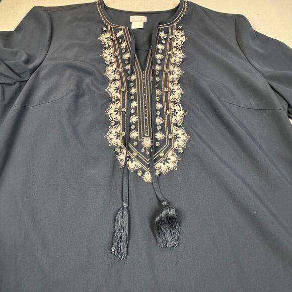 Chicos Dress Womens 1 Blue Pink Tunic Beaded Hippie Boho Peasant Coastal Resort - Picture 9 of 12